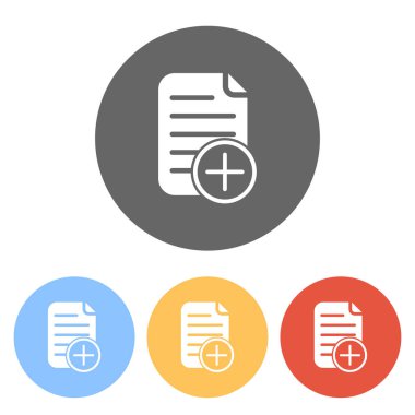 Belge simgesi, kağıt eklemek ve artı bir dairede. Renkli daireler üzerinde beyaz simgeler kümesi