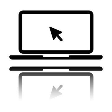 Laptop ya da defter ile ok üstünde perde. Siyah beyaz arka plan ayna yansıması simgesiyle