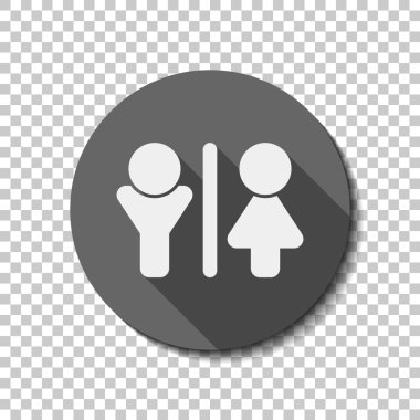 WC simgesi. Erkek ve kadın işareti. düz simgesi, uzun gölge, daire, şeffaf ızgara. Rozet veya etiket stili