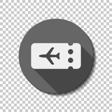 Basit bilet uçak simgesi. Boş kartı. düz simgesi, uzun gölge, daire, şeffaf ızgara. Rozet veya etiket stili