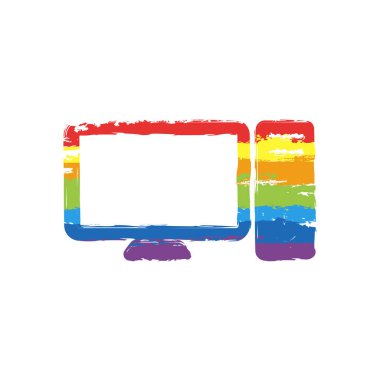 Kişisel bilgisayar, pc. Sistem birimi ve monitör. Çizim işaretiyle Lgbt stil, gökkuşağı (kırmızı, turuncu, sarı, yeşil, mavi, Indigo, menekşe, yedi renk