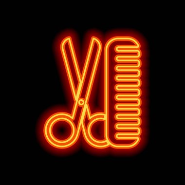 Makas ve saç fırçası. Kuaför araçları. Siyah arka plan üzerine portakal neon tarzı. Işık simgesi