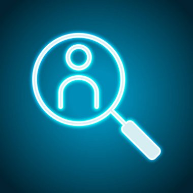 İnsan secource, arama profili. Doğrusal simgesi, ince anahat. Neon tarzı. Işık dekorasyon simgesi. Parlak elektrik sembolü