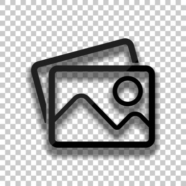 Birkaç dağlar ve güneş ile fotoğraf yığını. Basit doğrusal simgesi. Saydam arka plan üzerinde yumuşak gölgeli siyah cam kutsal kişilerin resmi