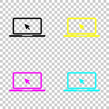 Laptop ya da defter ile ok üstünde perde. Cmyk simgeleri şeffaf arka plan üzerinde renkli dizi