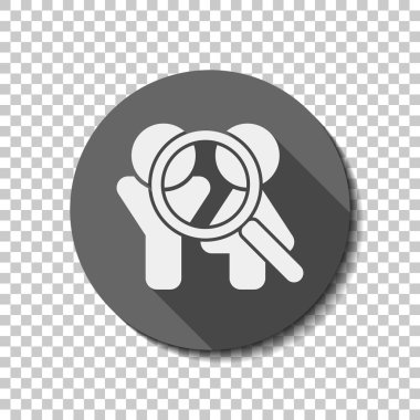 İnsan kaynakları. Arama teamgroup. Adam, kadın ve büyütme sembolleri. Saydam arka plan üzerinde bir dairede uzun gölge beyaz düz simgesi. Rozet veya etiket stili