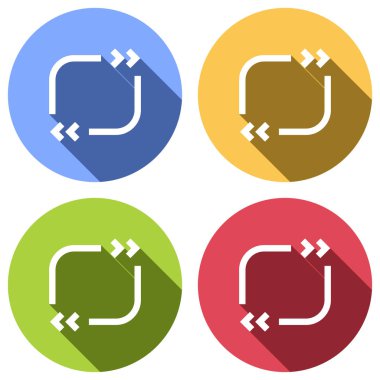 Metin teklif Meydanı. Basit simgesi. Mavi, turuncu, yeşil ve kırmızı renkli daireler uzun gölge ile beyaz simgeler kümesi. Etiket tarzı