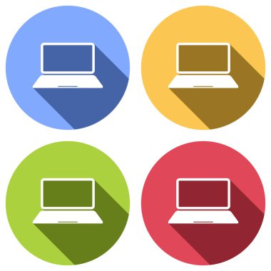 Laptop ya da defter bilgisayar kutsal kişilerin resmi. Mavi, turuncu, yeşil ve kırmızı renkli daireler uzun gölge ile beyaz simgeler kümesi. Etiket tarzı