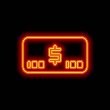 Para voutcher. USD kartı simgesi. Siyah arka plan üzerine portakal neon tarzı. Işık simgesi