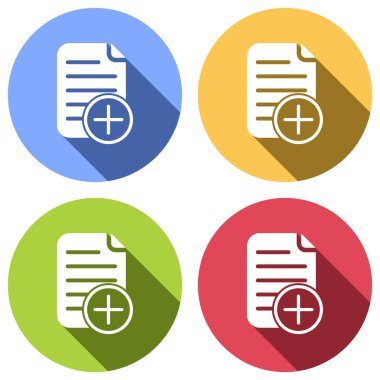 Belge simgesi, kağıt eklemek ve artı bir dairede. Mavi, turuncu, yeşil ve kırmızı renkli daireler uzun gölge ile beyaz simgeler kümesi. Etiket tarzı