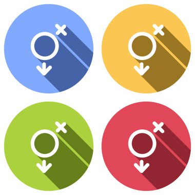 cinsiyet sembolü. Doğrusal sembolü. basit transseksüel simgesi. Mavi, turuncu, yeşil ve kırmızı renkli daireler uzun gölge ile beyaz simgeler kümesi. Etiket tarzı