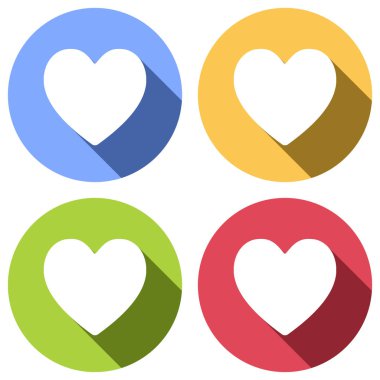 Basit kalp simgesi. Mavi, turuncu, yeşil ve kırmızı renkli daireler uzun gölge ile beyaz simgeler kümesi. Etiket tarzı