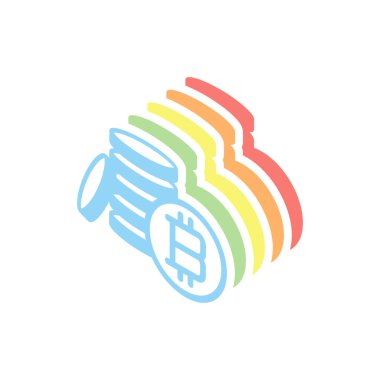 para bitcoin. basit siluet. Beyaz arka plan üzerinde renkli izometrik simgeler yığını