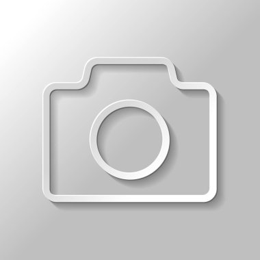 Fotoğraf makinesi, ince anahat, basit simgesi ile doğrusal sembolü. Kağıt tarzı ile gölge gri arka plan üzerinde