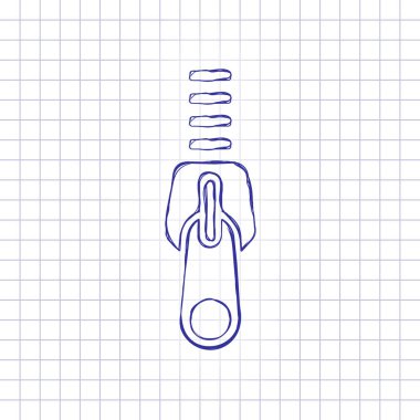 Fermuar aracı simgesini, yakın devlet. Elle çizilmiş resim kağıt sayfası. Mavi mürekkep, anahat kroki tarzı. Damalı zemin üzerine doodle