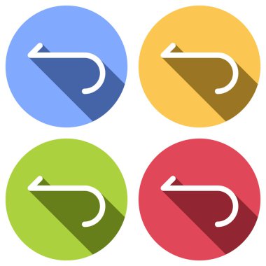 Basit ok, geriye doğru. Gezinti simgesi. Doğrusal sembolü ile ince bir çizgi. Bir çizgi stili. Mavi, turuncu, yeşil ve kırmızı renkli daireler uzun gölge ile beyaz simgeler kümesi. Etiket tarzı