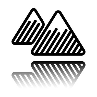 Dağlar simgesi. İnce anahat doğrusal stiliyle. Siyah beyaz arka plan ayna yansıması simgesiyle