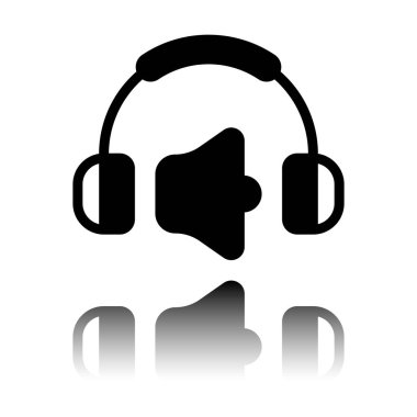 Kulaklık ve ses seviyesini. Max ses seviyesini. Basit simgesi. Siyah beyaz arka plan ayna yansıması simgesiyle