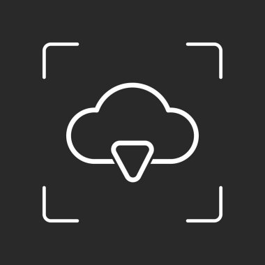 Anahat bulut indir basit simgesi. Doğrusal sembolü ile ince anahat. Beyaz nesne kamera otomatik odaklama koyu arka plan üzerinde