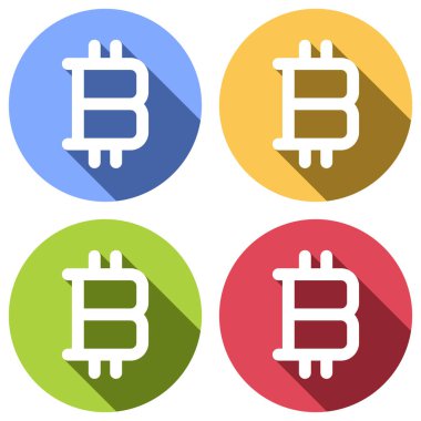 Bitcoin sembolü, basit simgesi. Mavi, turuncu, yeşil ve kırmızı renkli daireler uzun gölge ile beyaz simgeler kümesi. Etiket tarzı
