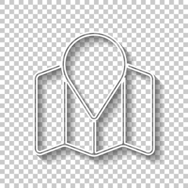 İşaretçi simgesi basit harita. Doğrusal sembolü ile ince anahat. Gölge şeffaf arka plan üzerinde beyaz anahat işaretiyle