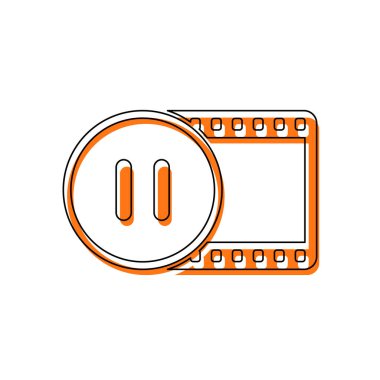 Film şeridi duraklatma simgesi daire içinde olan. basit siluet. İzole simge siyah ince dağılımı ve farklı katmanlarda doldurma taşındı turuncu oluşan. Beyaz arka plan