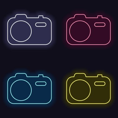 Basit fotoğraf makinesi. Teknoloji simgesi. Neon işareti kümesi. Koyu arka plan üzerinde casino tarzı. Seamless modeli