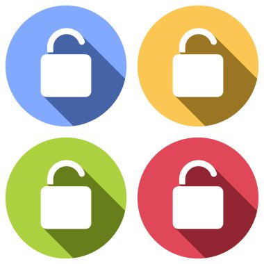 simgesini kilidini. Mavi, turuncu, yeşil ve kırmızı renkli daireler uzun gölge ile beyaz simgeler kümesi. Etiket tarzı