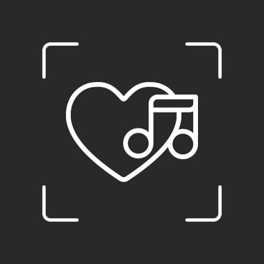 Duydum ve dikkat, favori müzik. İnce anahat ile doğrusal simgesi. Beyaz nesne kamera otomatik odaklama koyu arka plan üzerinde