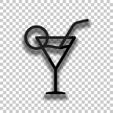 Kokteyl cam. İnce anahat ile basit doğrusal simgesi. Saydam arka plan üzerinde yumuşak gölgeli siyah cam kutsal kişilerin resmi