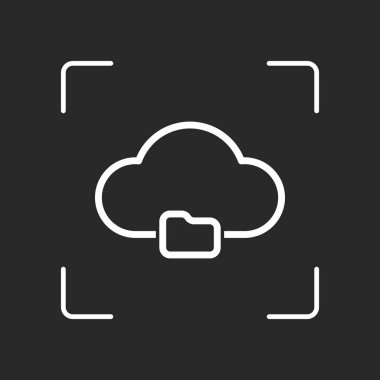 Anahat basit bulut ve klasör. Doğrusal sembolü ile ince anahat. Beyaz nesne kamera otomatik odaklama koyu arka plan üzerinde