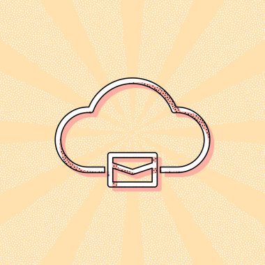 bulut posta, ince anahat ile basit doğrusal simgesi. Retro Vintage tipografi ofset baskı etkisi ile. Çizgi roman pop sanat arka plan ile nokta poster