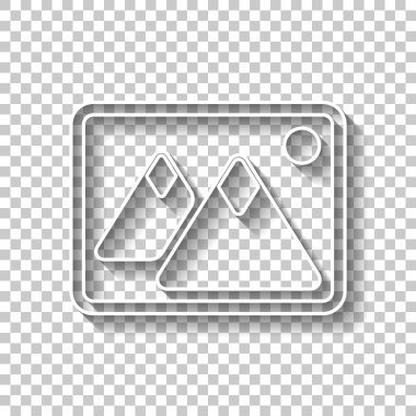 Dağlar ve güneş çift ile hayal et. Basit simgesi. Gölge şeffaf arka plan üzerinde beyaz anahat işaretiyle