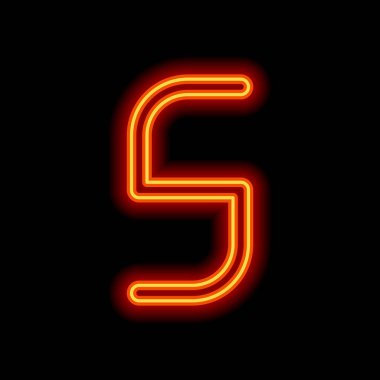 Sayı 5, rakamı, beşinci. Siyah arka plan üzerine portakal neon tarzı. Işık simgesi