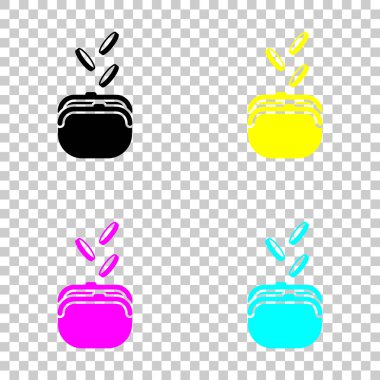 Çanta ve düşen paraları. Cmyk simgeleri şeffaf arka plan üzerinde renkli dizi