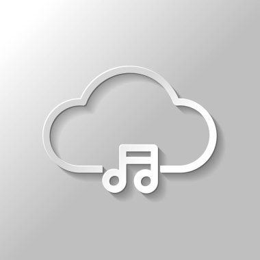 Bulut müzik kütüphanesi, striming. İnce anahat ile basit doğrusal simgesi. Kağıt tarzı ile gölge gri arka plan üzerinde