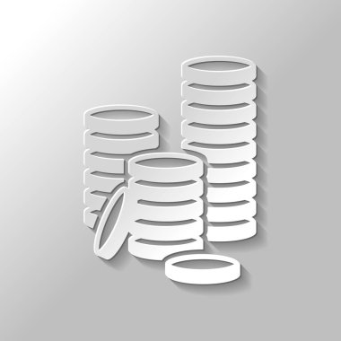 Sikke yığını simgesi. Kağıt tarzı ile gölge gri arka plan üzerinde