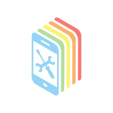 Telefon tamir servisi simgesini. Beyaz arka plan üzerinde renkli izometrik simgeler yığını