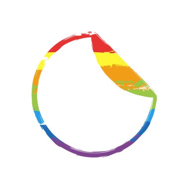 Bükülmüş kenar ile yuvarlak etiket. Çizim işaretiyle Lgbt stil, gökkuşağı (kırmızı, turuncu, sarı, yeşil, mavi, Indigo, menekşe, yedi renk