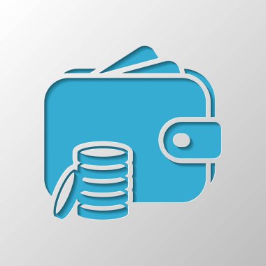 M-cüzdan ve madeni paralar, çanta para ile. Kağıt tasarımı. Gölge ile düzenlenen sembolü