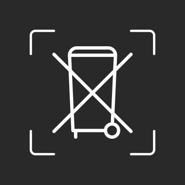 Hiçbir çöp kutusu, çapraz çöp. İnce anahat ile doğrusal simgesi. Beyaz nesne kamera otomatik odaklama koyu arka plan üzerinde