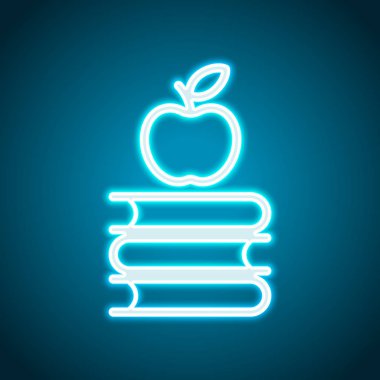 Elma üstünde kitap kutsal kişilerin resmi. Bilgi logosunu görmeniz gerekir. Neon tarzı. Işık dekorasyon simgesi. Parlak elektrik sembolü