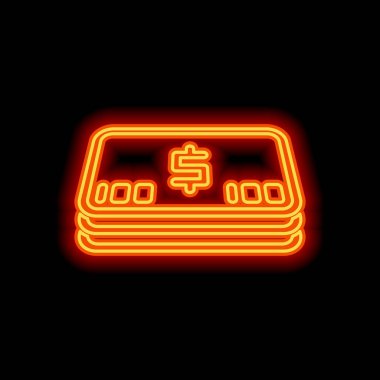 Doları para veya fişlerin sürüsü. İş simgesi. Siyah arka plan üzerine portakal neon tarzı. Işık simgesi