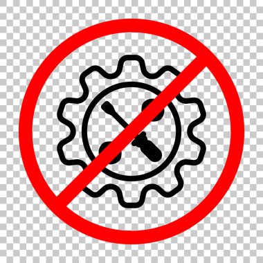 İngiliz anahtarı ve tornavida dişli. Siyah kırmızı uyarı işareti şeffaf arka plan ile nesnesinde izin yok