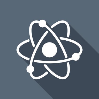 bilimsel atom sembolü, basit simgesi. Uzun Gölge arka plan üzerinde beyaz düz simgesi