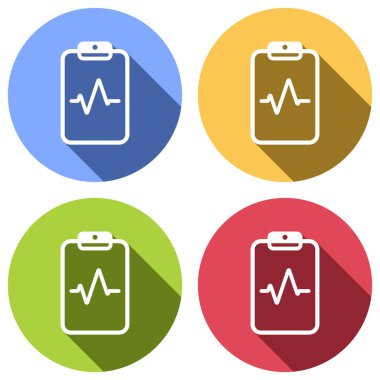 Tablet kağıt ve nabız hattı. Doğrusal, ince anahat. Mavi, turuncu, yeşil ve kırmızı renkli daireler uzun gölge ile beyaz simgeler kümesi. Etiket tarzı