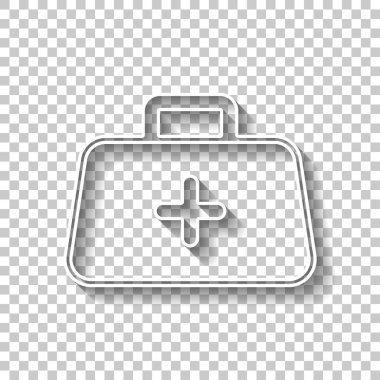ilk yardım çantası, anahat simgesi. Gölge şeffaf arka plan üzerinde beyaz anahat işaretiyle