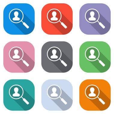 İnsan kaynakları simgesi. Büyüteç Camı kişi simge. Arama profili. Beyaz simgeleri uygulamalar için renkli kareler olarak ayarlayın. Sorunsuz imkanı ve desen poster için