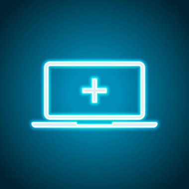 Laptop ya da defter bilgisayar ekranında Tıbbi çapraz. Basit simgesi. Neon tarzı. Işık dekorasyon simgesi. Parlak elektrik sembolü