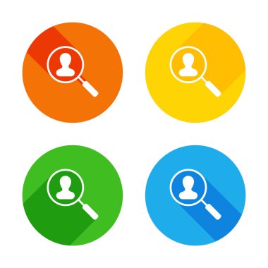 İnsan kaynakları simgesi. Büyüteç Camı kişi simge. Arama profili. Renkli daireler arka plan düz beyaz simgesi. Dört farklı uzun gölgeler her köşe